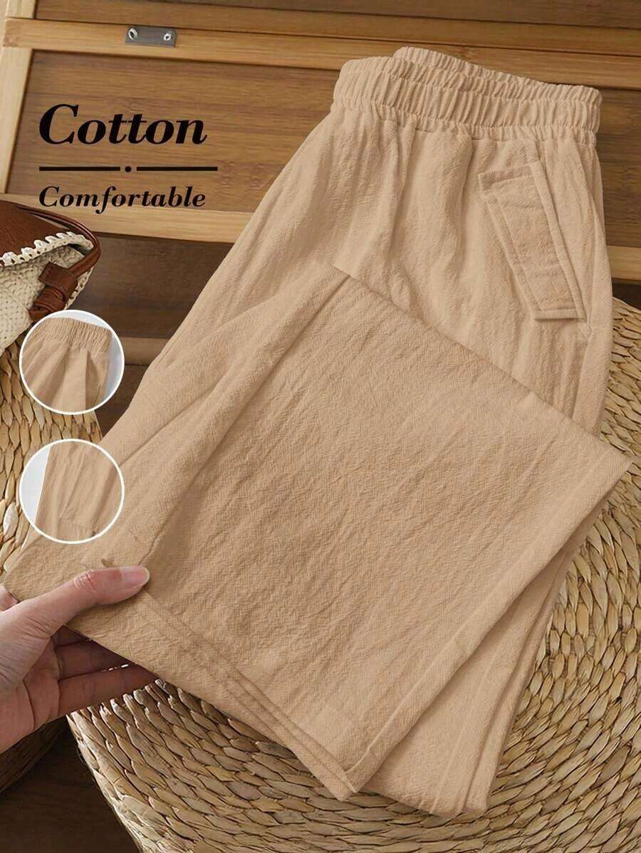 Pantalones casuales de mujer de unicolor y bolsillos minimalistas - Caqui - Ver 1