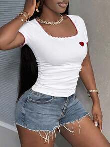 Camiseta blanca básica, casual y sencilla con cuello en V, manga corta, ajustada, con fruncido lateral, acanalada y elástica para mujeres, para el verano - Multicolor - Ver 3
