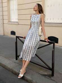 Vestido midi elegante francés azul con estampado sin mangas para mujer - Azul - Ver 4