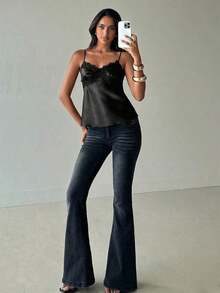 de satén con parches de encaje elegante y sexy para mujer - Negro - Ver 7