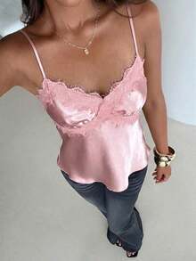 de satén con parches de encaje elegante y sexy para mujer - Rosa vieja - Ver 8