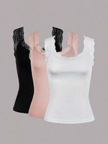 Top de tirantes de cuello redondo de unicolor con encaje de contraste para mujer en verano - Multicolor 2 - Ver 1
