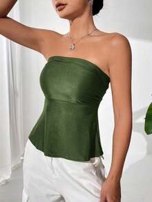 Top bandeau plisado de unicolor para vacaciones de mujer - Verde Oliva - Ver 3