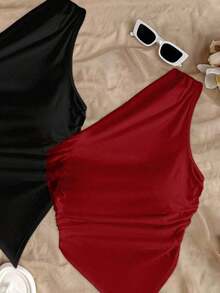 2 piezas de blusas de verano para mujer con dobladillo asimétrico y tirantes, color negro y rojo, adecuado para el verano - Multicolor 3 - Ver 5