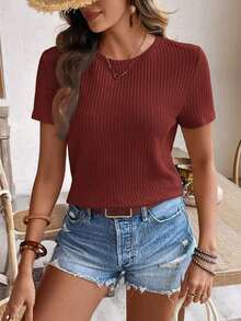 de manga corta para la primavera y el verano con cuello redondo y unicolor en tela texturizada para uso casual - Color caoba - Ver 6
