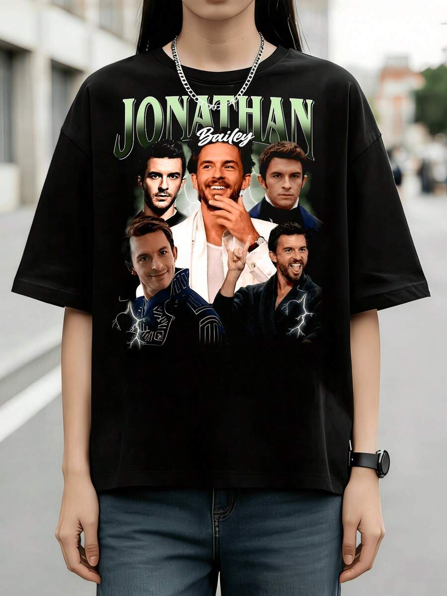 Jonathan Bailey Retro Multi-Character Style Graphic Cotton Summer T-Shirt - Black - View 1