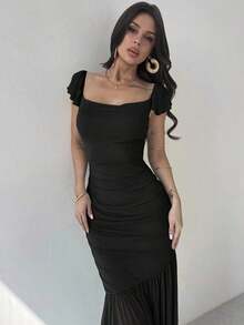 Vestido ajustado con volantes en el bajo, cintura anudada y malla verde elegante para mujeres, adecuado para fiestas, vacaciones, festivales de música, temporada de bodas, brunch, Día de San Patricio, vestidos largos bohemios para mujeres, Fairycore, atuendos de vacaciones, vestidos de graduación, atuendos de playa, atuendos de aeropuerto - Negro - Ver 6