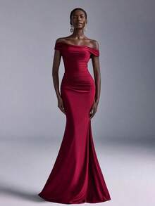 Vestido de sirena con hombros descubiertos y drapeado elegante, adecuado para bodas, fiestas, vacaciones, bailes de graduación, dama de honor (adulto) - Burdeos - Ver 1