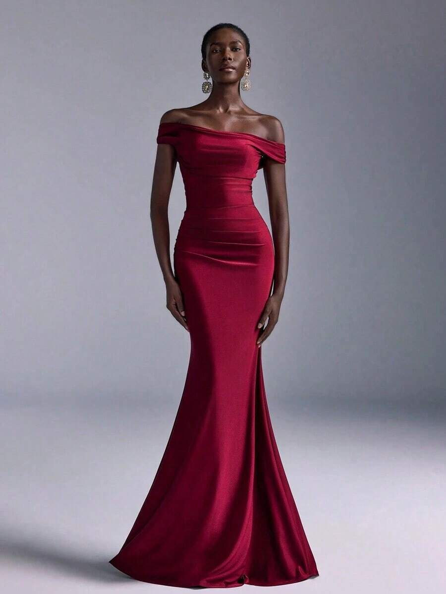 Vestido de sirena con hombros descubiertos y drapeado elegante, adecuado para bodas, fiestas, vacaciones, bailes de graduación, dama de honor (adulto) - Burdeos - Ver 1