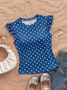 2 piezas Conjunto con Camiseta de Punto Blanco Acanalado con Volantes WYWH y Camiseta Sólida de Color Cereza, Estilo Bohemio, Boho, Floral Romántico, Vacaciones, Estilo Floral para Fiesta, Cita, Día de San Valentín, Pascua, Carnaval, Té de la Tarde - Azul - Ver 8