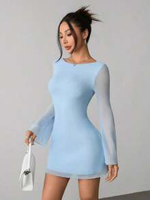 Vestido de malla con mangas de trompeta y espalda descubierta, nuevo y sexy para principios de otoño - Celeste - Ver 5