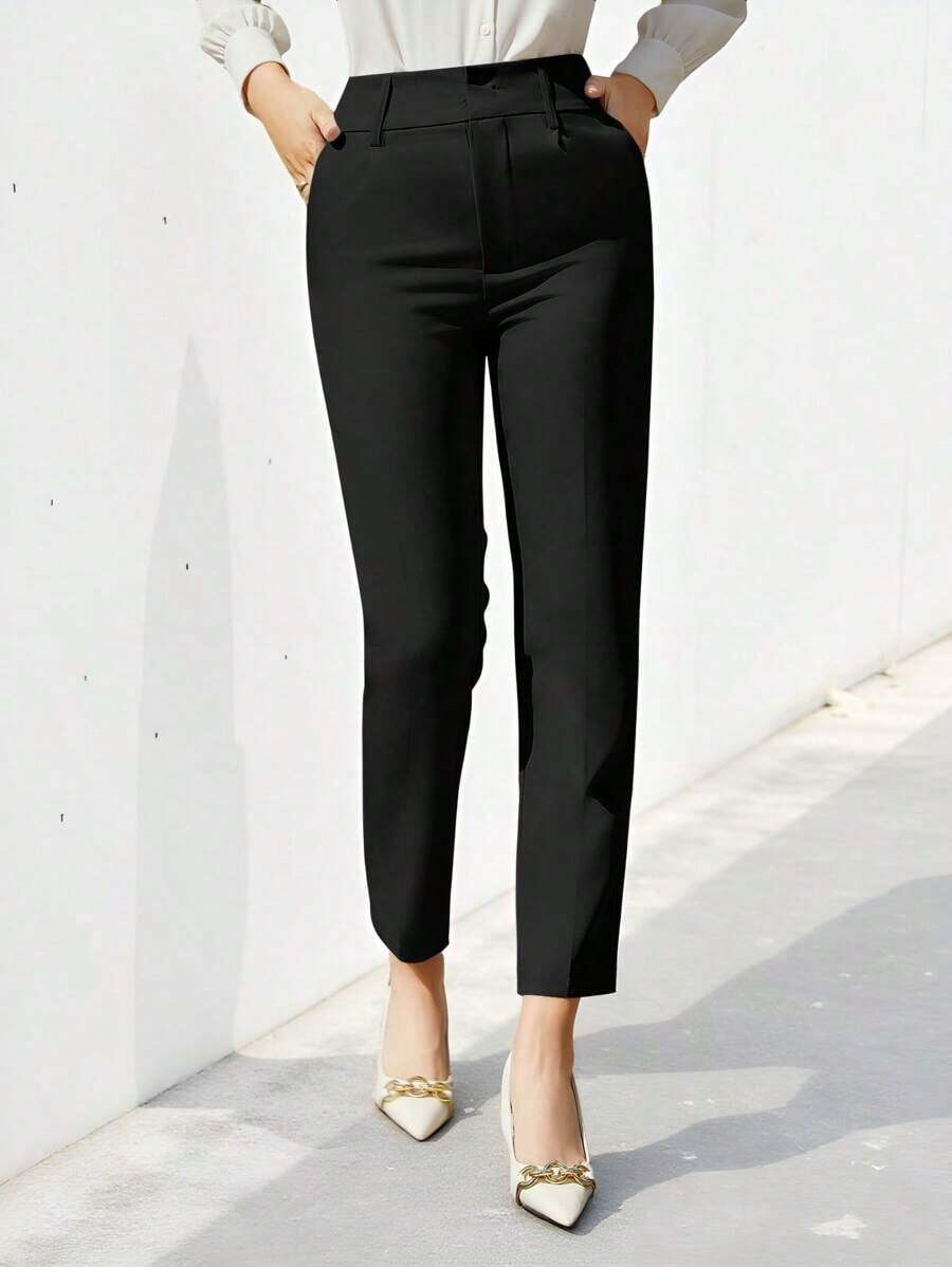 Pantalones de traje sólidos y simples para uso diario de mujer - Negro - Ver 1