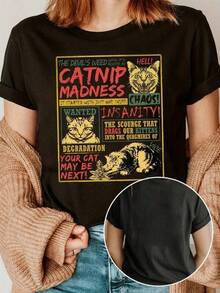 1 Pieza Camiseta Unisex Holgada 180g 100% Algodón Puro, Camiseta única y divertida con diseño de locura por la hierba gatera y gatos graciosos en estilo y2k perfecta para los amantes de los felinos y la moda casual ideal para destacar en cualquier ocasión. Consigue la tuya y muestra tu amor por los gatos y el estilo original. - Negro - Ver 6