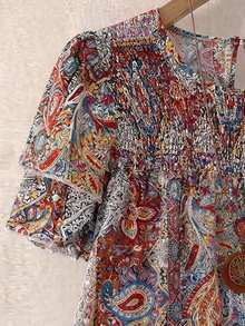 Blusa casual de mujer talla grande de unicolor con cuello redondo, mangas de doble capa, corta, plisada, versátil y de moda para el verano y vacaciones - Multicolor 2 - Ver 5