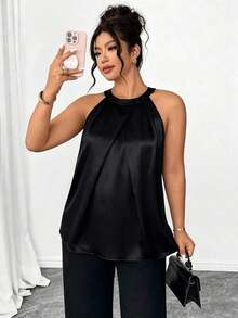 Camiseta sin mangas con pliegues 3D elegante para mujer de talla grande, versátil para fiesta, té de la tarde, ir al trabajo, color caqui - Negro - Ver 7