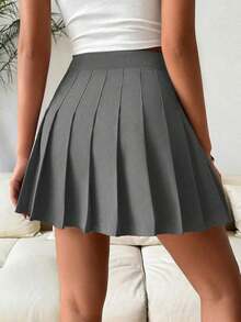 Falda pantalón casual de talle alto con pliegues y rayas para mujer - Gris Oscuro - Ver 2