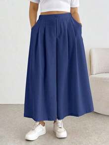 Pantalones/faldas cortas plisadas de cintura elástica, cómodos y sueltos, de estilo básico y versátil, para uso diario, que estilizan la figura, en color albaricoque, para mujeres de talla grande, para primavera/verano - Azul - Ver 3