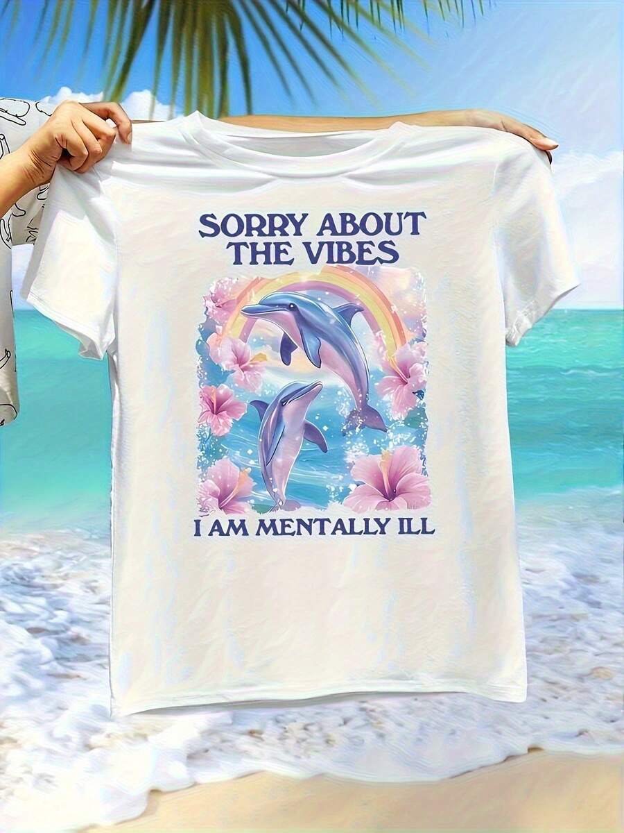 Camiseta de Mujer con Estampado de Delfines de 180G - "Lo Siento, Tengo Problemas Psicológicos" Camiseta Casual de Manga Corta con Cuello Redondo y Estampado Divertido, Ligera y Transpirable, Adecuada para Uso Diario, Colección Primavera/Verano - Blanco - Ver 1