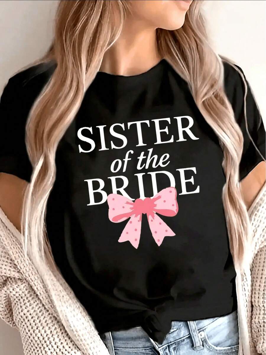 1 Piece Of Short-Sleeved T-Shirt, Lightweight And Comfortable, With A Pink Bow Design, Suitable For Bridesmaids, Ideal For Wedding Celebrations And Leisure Activities At Home Or Outdoors, 180g 100% Cotton. - 黑色 - 查看 1
