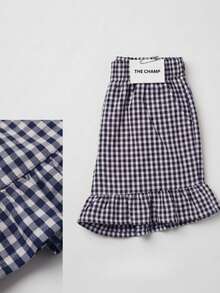Women's Plaid Ruffled Summer Shorts - Elastic Waist With Pockets - Blue - View 4