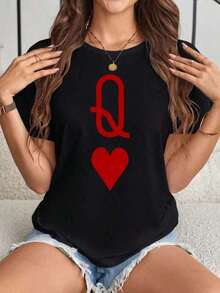 1 Piece New Summer Casual Fashion 2026, Local Shipping, Graphic Tees, Women's Casual T-Shirt With Poker Queen Print, Spring And Summer For New Year's Clothing, Graphic Tees, Women's Tops, 100% Cotton, 180g 100% Cotton - 黑色 2 - 查看 1