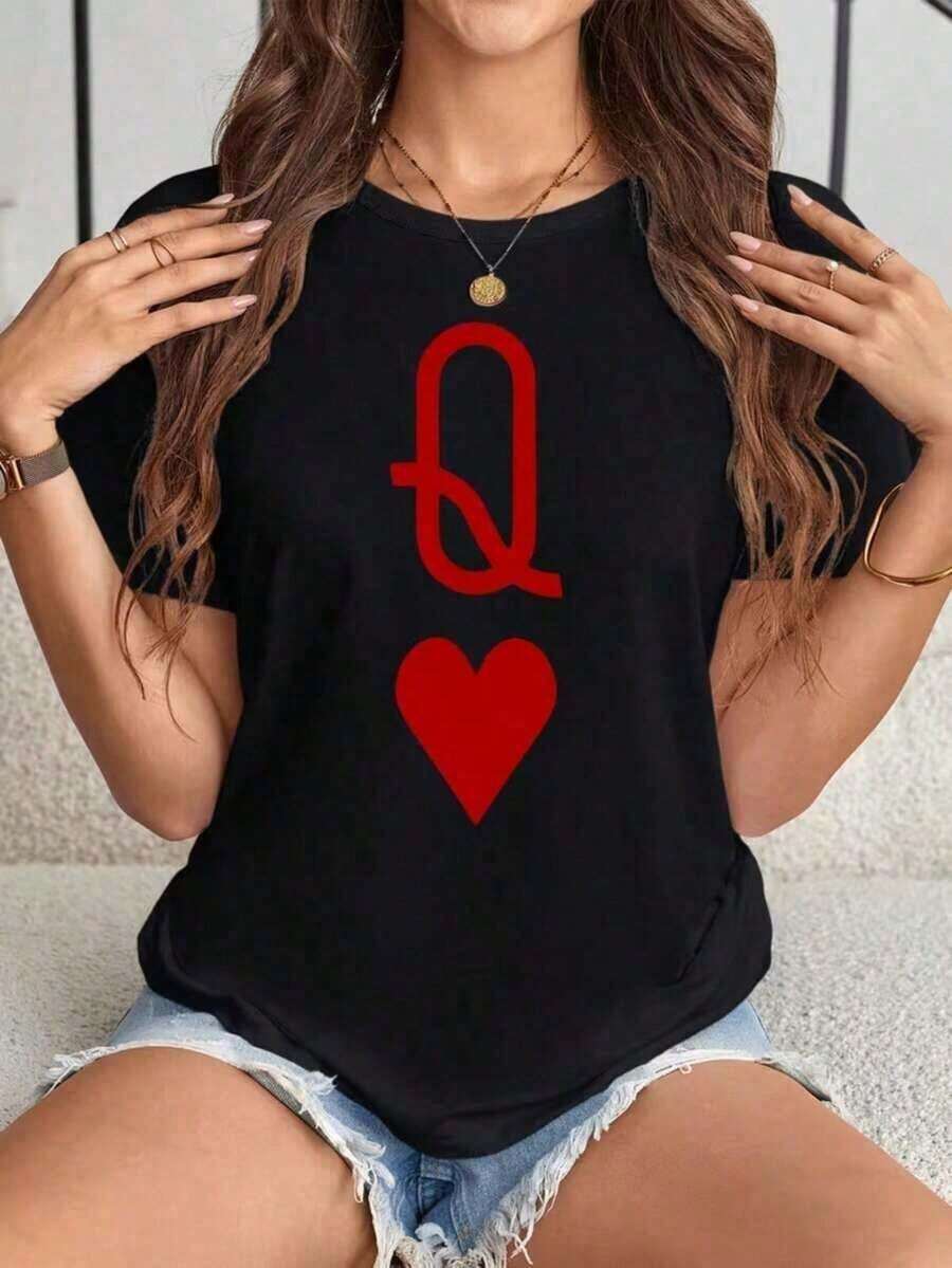1 Piece New Summer Casual Fashion 2026, Local Shipping, Graphic Tees, Women's Casual T-Shirt With Poker Queen Print, Spring And Summer For New Year's Clothing, Graphic Tees, Women's Tops, 100% Cotton, 180g 100% Cotton - 黑色 2 - 查看 1