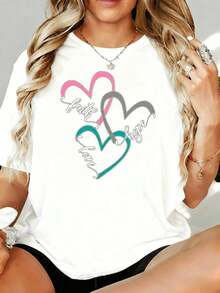 Women's Heart Print T-Shirt "Faith Hope Love", Casual Oversized Style, Soft And Comfortable For Everyday Wear, 220g, For Leisure At Home, Outdoors, Gift For Valentine's Day Or Party - 白色 - 查看 5