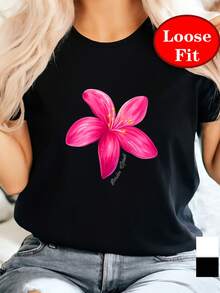 Garden Soul, Floral Pattern Print, Round Neck Short Sleeve T-Shirt, Spring Summer Casual Top, Plus Size Women's Clothing. Y2K Style Sportswear, Round Neck, 100% Cotton, Soft Fabric, Short Sleeve. - 黑色 - 查看 3