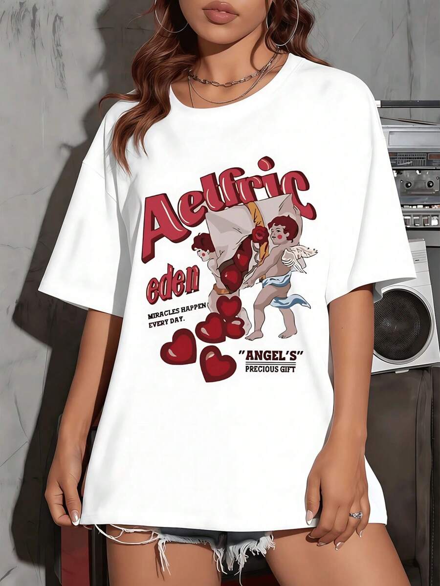 Women's Tops, Graphic Tees, Angel Graphic Print T-Shirt, Premium Cotton, Loose Fit, Comfortable Fit, Casual, Eye-Catching Print, Summer Cotton Tops, Women's Cotton T-Shirts. - 白色 - 查看 1
