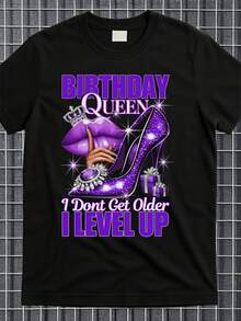 Camiseta Deportiva Casual para Mujer en Negro con Diseño de Purpurina Morada y Texto de Cumpleaños - Camiseta Elástica de Cuello Redondo, Lavable aáquina, Ajuste Cómodo y para Todas las Estaciones, Perfecta para Celebraciones. - Negro - Ver 1