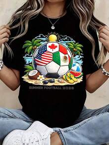 Camiseta Casual para Mujer, Verano, Fútbol 2026, Estampado de Balón de Fútbol con Banderas y Elementos de Playa Tropical, 100% Algodón, Cuello Redondo, Suave, Cómoda, Tejido Elástico para Uso Diario, Atuendo para Vacaciones de Temporada, Actividades de Ocio Diarias, 100% Algodón, Duradera - Negro - Ver 6