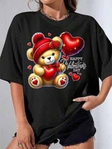 Camiseta Blanca y Negra para Mujer con Estampado de Oso de Peluche Lindo para el Día de San Valentín, Oso Blanco Sosteniendo un Globo con Corazón, Estampado de Feliz Día de San Valentín, Ropa Casual, Regalo Romántico para la Temporada del Amor, Camiseta Estampada Casual para Fiesta al Aire Libre - Estilo Vintage Urbano, Unisex, de Algodón, Manga Corta, Cuello Redondo. Blusas para mujer. blusas.blusas casuales para dama.Impresión de osos cariñosos.Camiseta estampada Impresión de osos cariñosos. - Negro - Ver 2