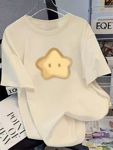Women's Short-Sleeved T-Shirt, Casual, With Star Print, Round Neck, Youthful Style, Simple And Fashionable, Loose And Stylish, Versatile Style, The Perfect Gift For Birthdays Or Holidays. - 杏色 - 查看 1