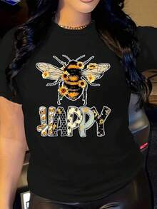 ropa de mujer Camiseta Casual de Manga Corta para Mujer - Estampado Vibrante de Abeja y Girasol en Amarillo con Texto "HAPPY", Cuello Redondo Transpirable, Tejido, Comodidad para Todas las Temporadas, Lavable a Máquina, Atuendo Diario, Diseño Divertido, Fácil Cuidado, Camiseta Gráfica, Camisas de Mujer Estilo de Vida - Negro - Ver 6