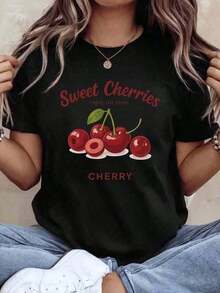 Conjuntos de Verano para Mujer: Camiseta de Mujer de 1 Pieza con Estampado de Frutas, Top Casual con Cuello Redondo y Mangas Cortas, Adecuada para Todas las Temporadas, Camiseta con Patrón de Frutas de 180g 100% Algodón Suave, Adecuada como regalo. playera de mujer. blusas>elegantes. boho chic,Top de mujer suave, transpirable y cómodo, ideal para primavera, verano y otoño, perfecto para vacaciones, viajes y uso diario. - Negro - Ver 1