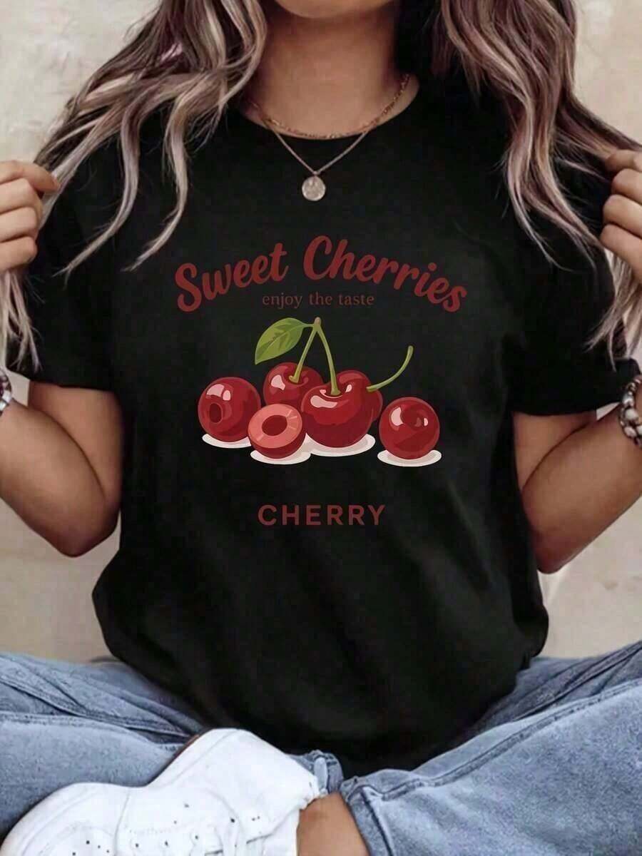 Conjuntos de Verano para Mujer: Camiseta de Mujer de 1 Pieza con Estampado de Frutas, Top Casual con Cuello Redondo y Mangas Cortas, Adecuada para Todas las Temporadas, Camiseta con Patrón de Frutas de 180g 100% Algodón Suave, Adecuada como regalo. playera de mujer. blusas>elegantes. boho chic,Top de mujer suave, transpirable y cómodo, ideal para primavera, verano y otoño, perfecto para vacaciones, viajes y uso diario. - Negro - Ver 1