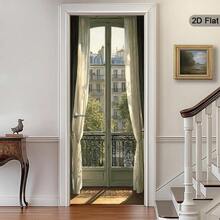 1/2pcs City Landscape Door Sticker, Paris Scene Removable PVC Self-Adhesive Door Decal, Morning Glory Door Decor, Modern Door Wall Mural, Retro Door Sticker, Fashionable Home Decor Sticker - Style 1 - View 1