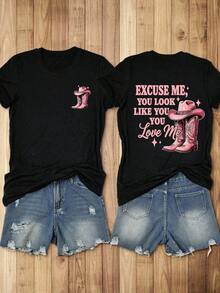 Camiseta Casual para Mujer con Estampado Country Western "Everybody At The Bar Gettin' Tipsy", Transpirable y Cómoda, Manga Corta, Cuello Redondo, Estampado de Sombrero de Vaquero, Algodón Suave, Perfecta para Uso Diario y Estilo Nashville. - Negro - Ver 7