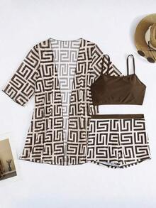 Conjunto de playa de 3 piezas: Top de bikini corto negro, kimono de malla y shorts para mujer - Café integral - Ver 5