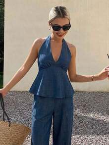 Conjunto de 2 piezas de top de tirantes finos a rayas y pantalones casuales de verano para mujer, conjunto de prendas de estar en casa - Azul marino 4 - Ver 3