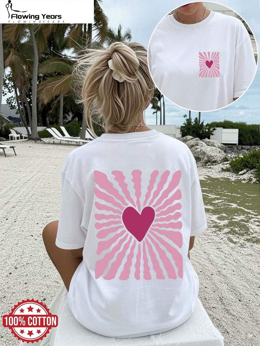 Women's Short-Sleeved T-Shirt, 100% Cotton, With A Pink Heart-Shaped Stripe Print On Both Sides, Round Neck, Ideal For Summer. Perfect For A Summery Style, Suitable For Spring And Summer. Modern And Versatile For Work, Vacations, And Everyday Wear. Available In Sizes X-XX. Elegant Party Outfit, Stylish Ladies' T-Shirt, Blouses Suitable For Curvy Women, Prom Skirts, Casual Wear - 白色 - 查看 1