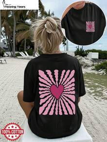 Women's Short-Sleeved T-Shirt, 100% Cotton, With A Pink Heart-Shaped Stripe Print On Both Sides, Round Neck, Ideal For Summer. Perfect For A Summery Style, Suitable For Spring And Summer. Modern And Versatile For Work, Vacations, And Everyday Wear. Available In Sizes X-XX. Elegant Party Outfit, Stylish Ladies' T-Shirt, Blouses Suitable For Curvy Women, Prom Skirts, Casual Wear - 黑色 - 查看 1
