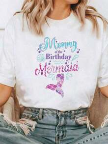 1 Piece Mermaid Birthday Party Short Sleeve Crew Neck T-Shirt, Mermaid Mom Casual Summer Spring Clothes, Women's Clothing, 180g 100% Cotton. - 白色 - 查看 6