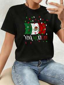 The Print Celebrates The National Spirit With The Mexican Flag Waving Alongside The Message Viva México, Symbolizing Pride, Freedom, And Unity For All Women Who Love Their Culture. Women's T-Shirt, 100% Cotton, Comfortable And Durable. - 黑色 - 查看 7