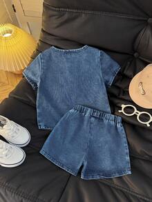 2 peças/Conjunto Bebê Menino Urso Fofo Top de Manga Curta + Shorts Versáteis, Conjunto Casual Estiloso Adequado para Uso Diário, Esportes, Sessões de Fotos, Passeios - Lavagem clara - Visão 3