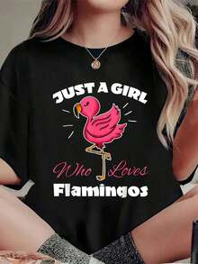 Just A Girl Who Loves Flamingos, Funny T-Shirt For Pink Flamingo Lovers, Casual Short Sleeve Crew Neck Summer T-Shirt - 黑色 - 查看 6