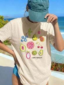 Camiseta de manga corta amarillo vibrante para mujer, tela amigable con la piel, gráfico de fruta colorido en la parte delantera, estilo brillante de dopamina, adecuado para picnics de verano, festivales de frutas y vacaciones casuales en islas tropicales - Albaricoque - Ver 3