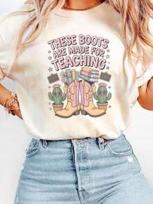Women's Clothing. These Boots Are Made For Teaching. T-Shirt, Western Cowgirl Teacher T-Shirt, Retro Boho Teacher, Math Teacher Appreciation Gift. Casual And Stylish T-Shirts. Workout Clothes. 100% Cotton, Breathable And Comfortable Women's Shirts. - 白色 - 查看 1