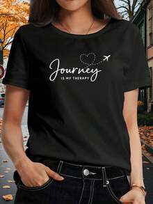 Women's T-Shirt With "Travel Is My Relaxation" Print - Black With White Text And Airplane And Heart Design, Loose Fit, Short Sleeve, Round Neck, Casual Summer Top, Machine Washable And Breathable, Opaque Fabric, Simple Design, Comfortable To Wear, Casual Blouses For Women - 黑色 - 查看 7