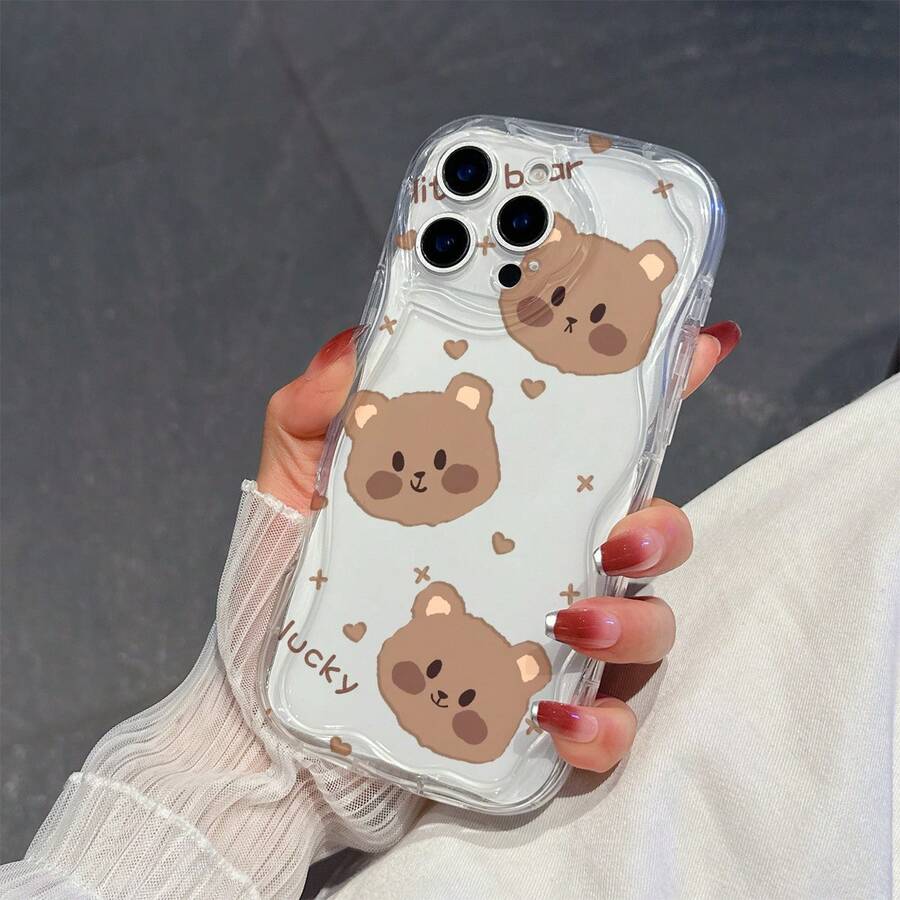 1pc Fashionable TPU Material Phone Case With 3 Bear Head Elements, Milky Wavy Pattern, Thick Shockproof Precise Cutout Lens Protection, Compatible With IPhone/ Galaxy/Transsion, Ideal Choice For Fashion Lovers With Minimalist Design - Clear - View 1